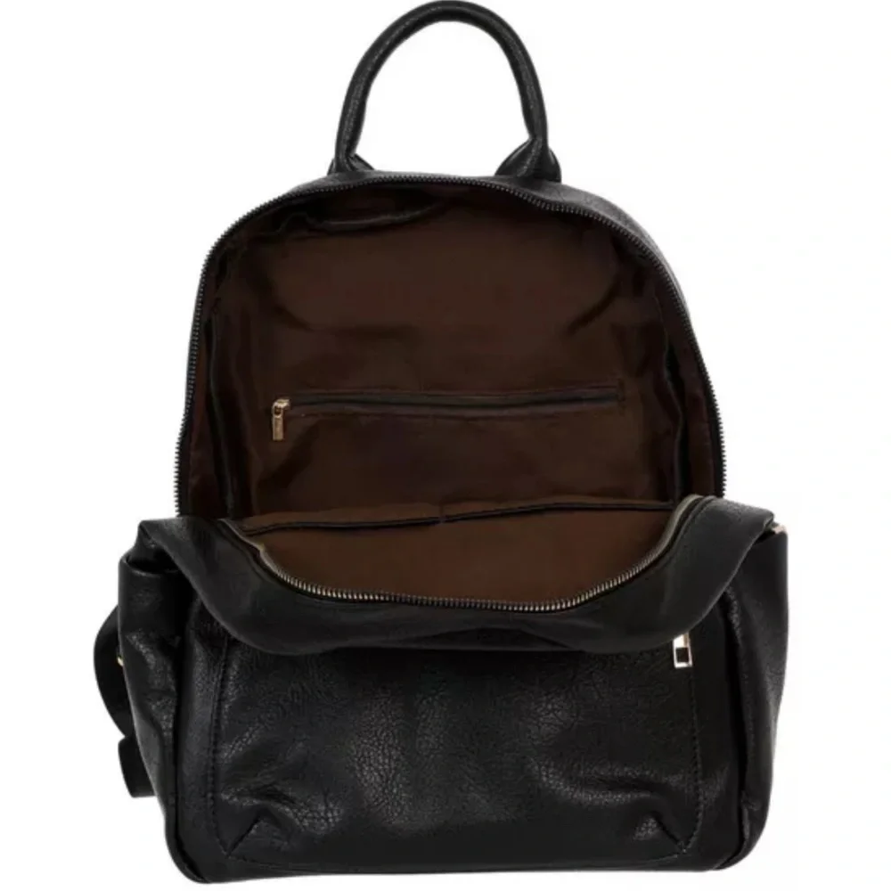 Black Faux Leather Backpack With Gold Tone Hardware